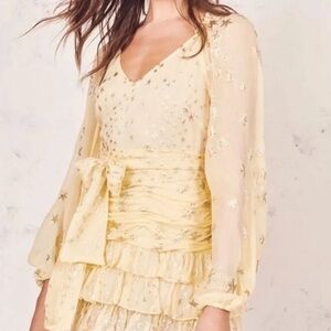 LoveShackFancy Dress Rina Silk Metallic Star Ruffle Mini Sunmer Sunflower 2 EUC